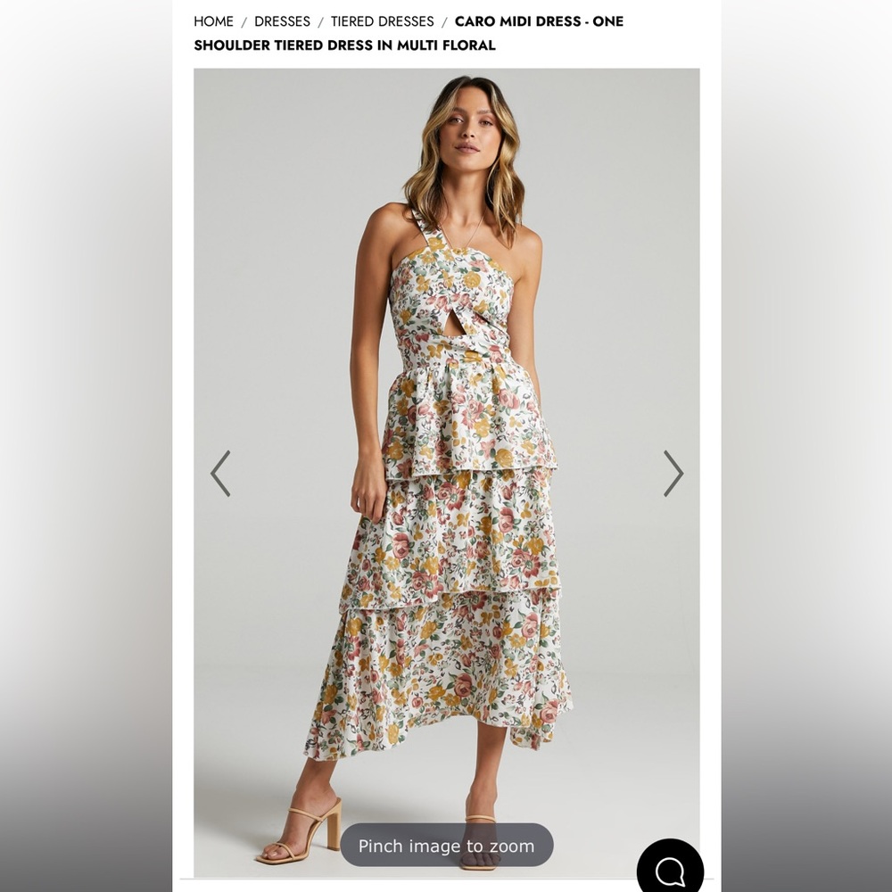 Showpo Caro Midi Dress- One Shoulder Tiered Dress in Multi Floral